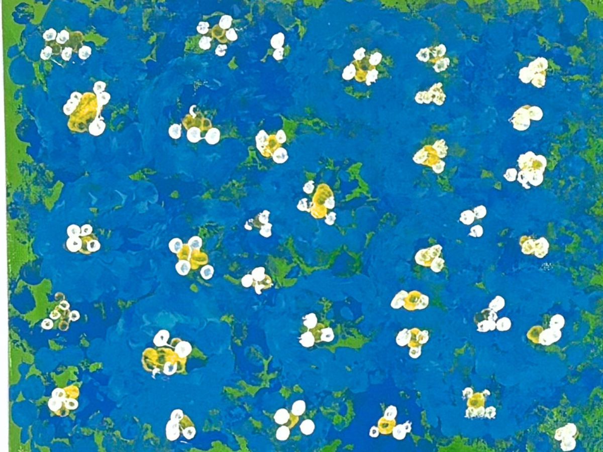 A painting of a deep blue and green field covered in small white and yellow blossoms, each one dabbed on in loose clusters.