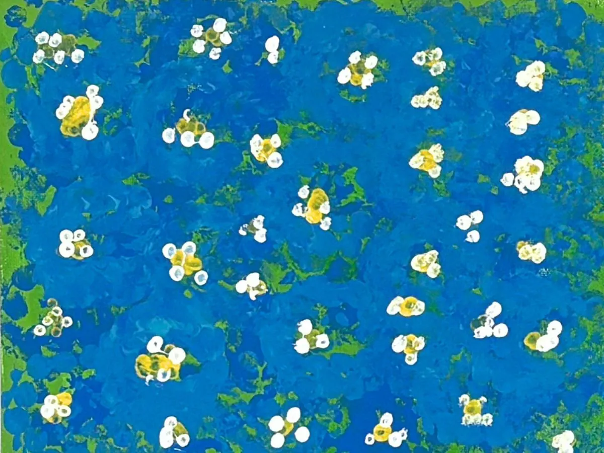 A painting of a deep blue and green field covered in small white and yellow blossoms, each one dabbed on in loose clusters.