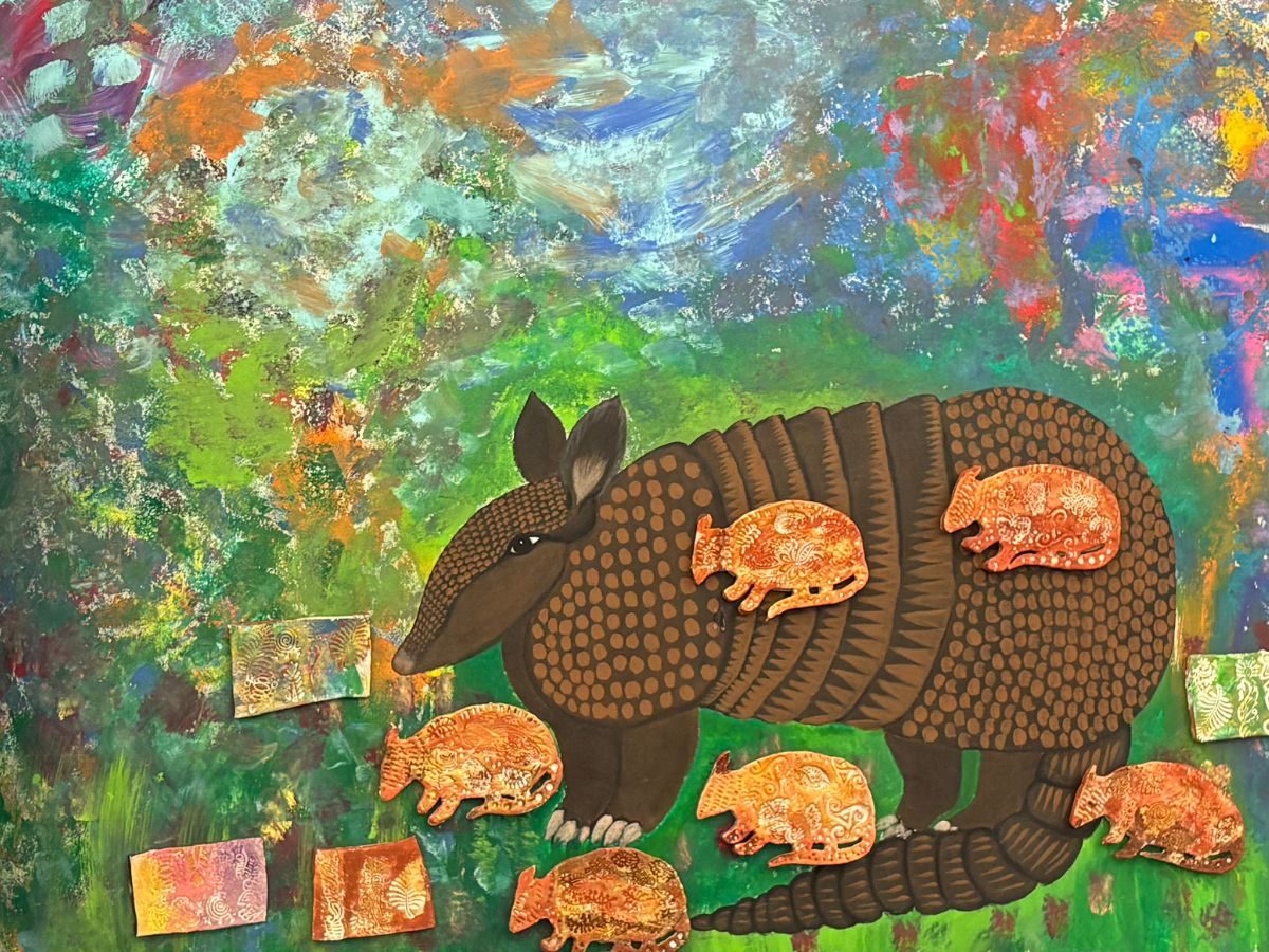 A painting of a large armadillo with a cluster of smaller armadillos gathered on and around it, against a mottled green and blue field.